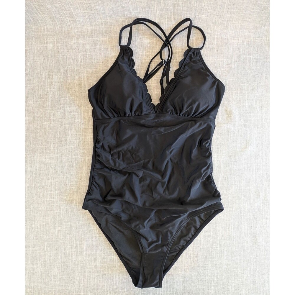 Black Tummy Control Slimming One Piece Swimsuit Ruched Scalloped Neckline Sexy